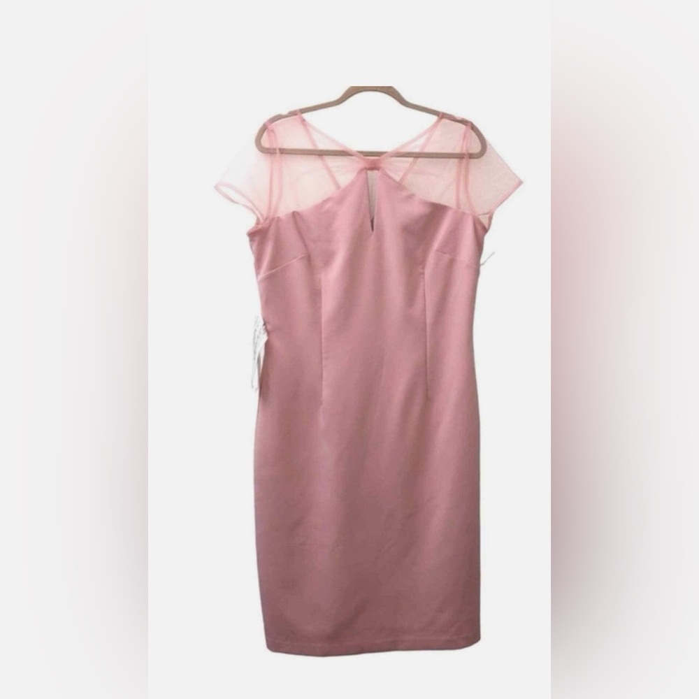 JS Collections Karina Blush Bow Illusion Mesh Sheath Dress